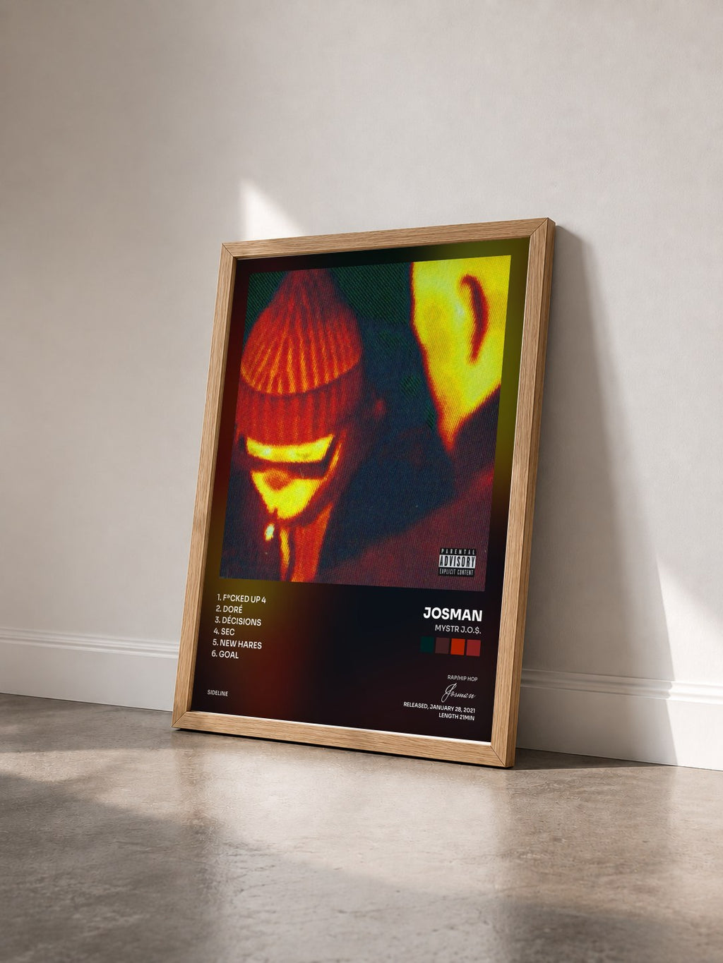 #bois Tableau de l'album MYSTR J.O.$. de Josman vu de trois quarts, cadre en bois brut