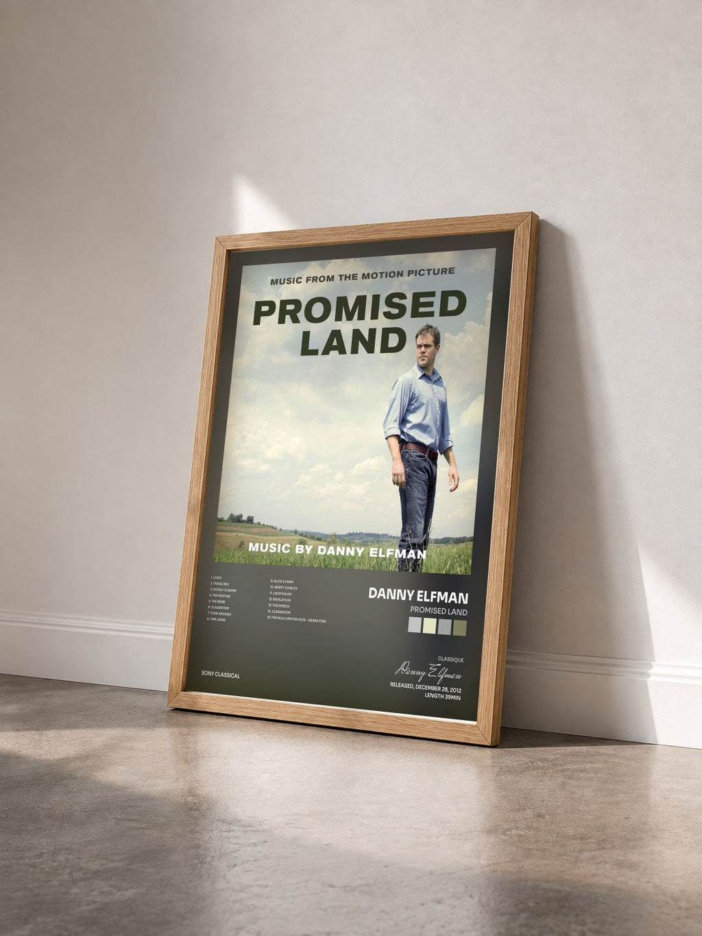 #bois Tableau de l'album Promised Land de Danny Elfman vu de trois quarts, cadre en bois brut