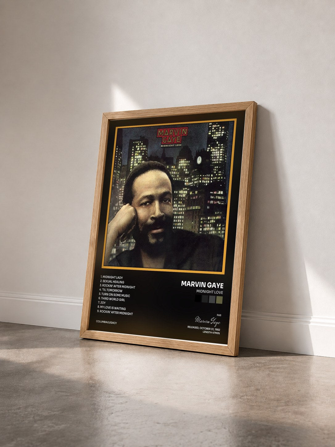 #bois Tableau de l'album Midnight Love de Marvin Gaye vu de trois quarts, cadre en bois brut