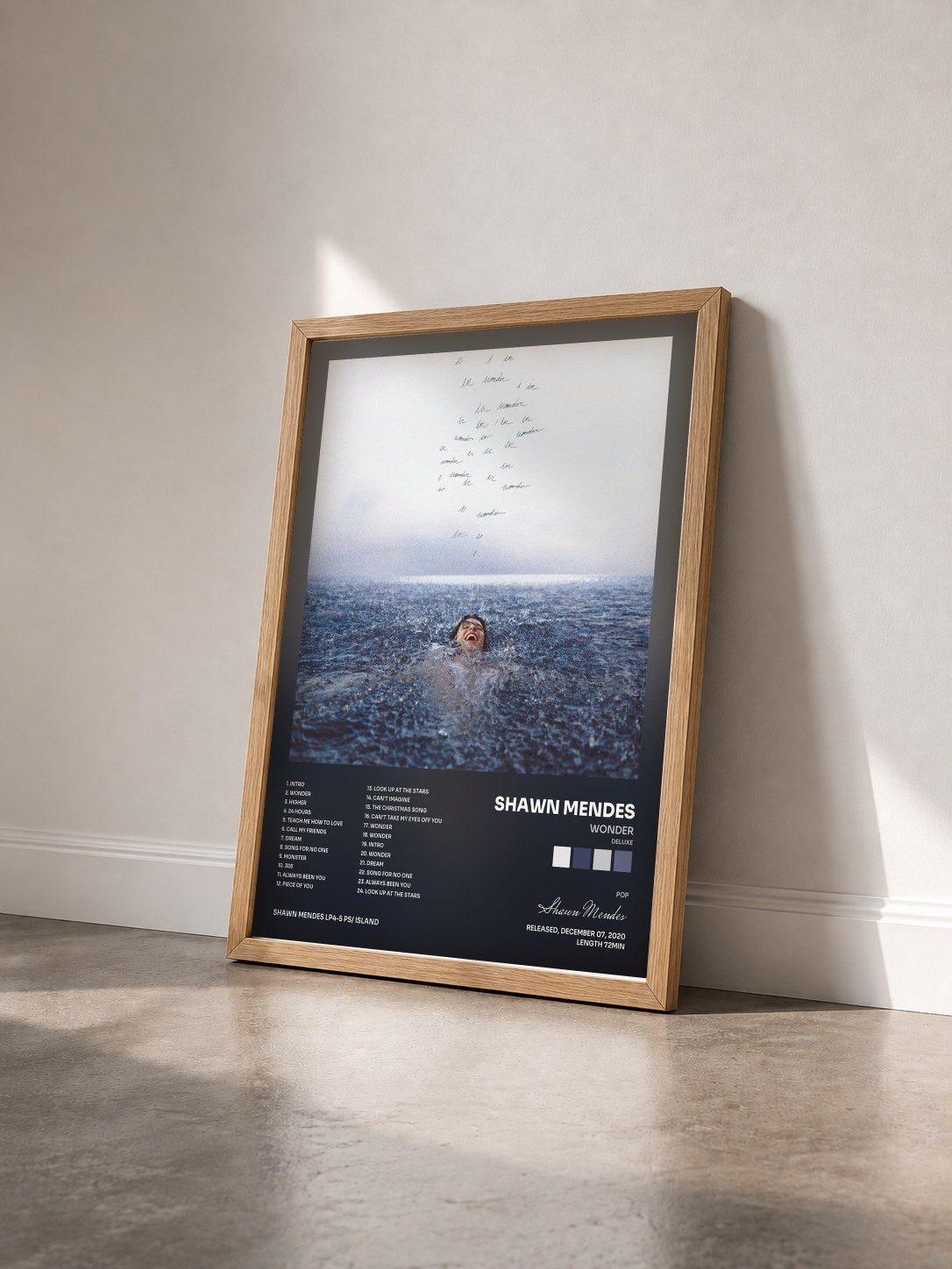 #bois Tableau de l'album Wonder (Deluxe) de Shawn Mendes vu de trois quarts, cadre en bois brut