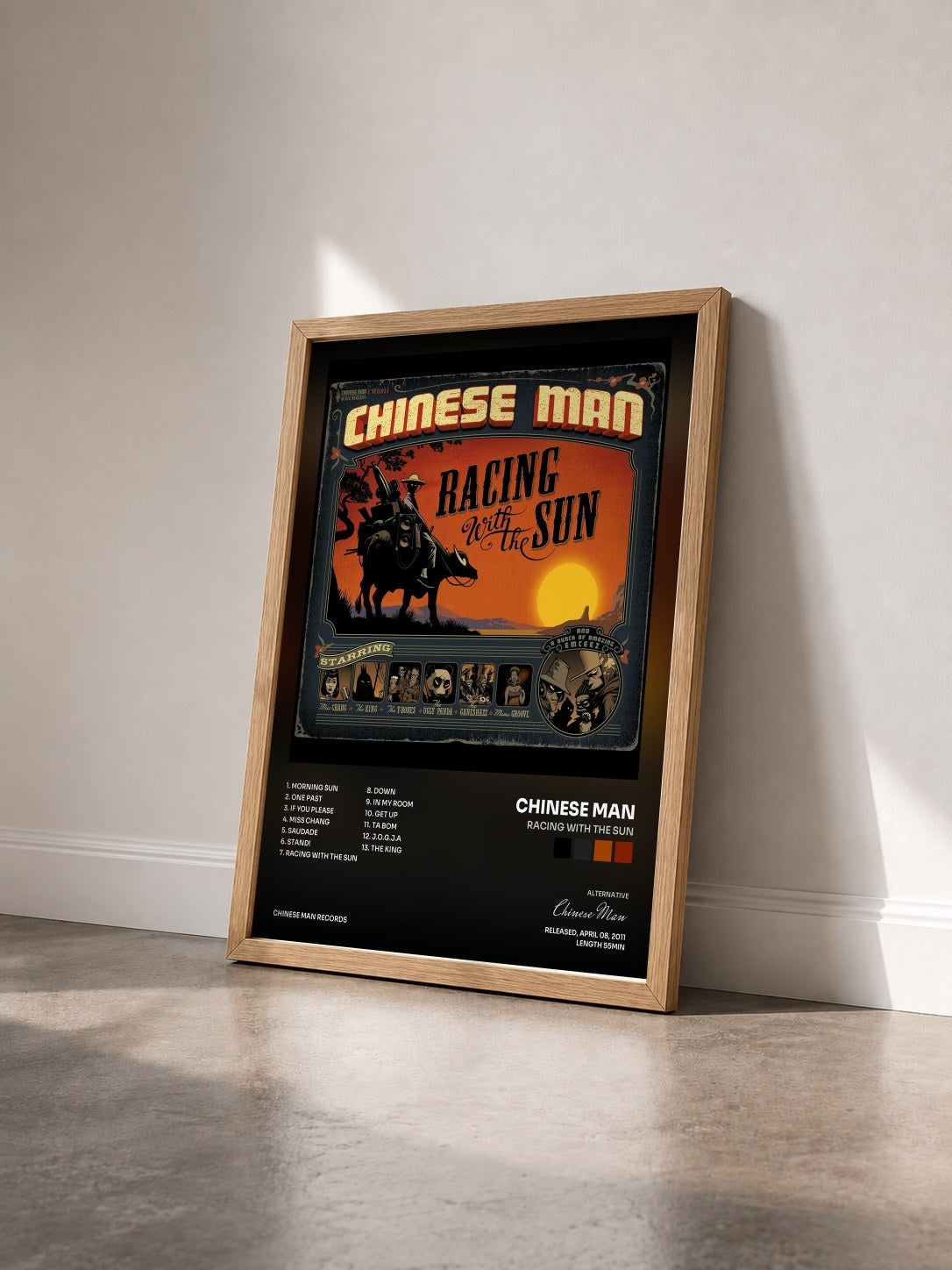 #bois Tableau de l'album Racing With the Sun de Chinese Man vu de trois quarts, cadre en bois brut