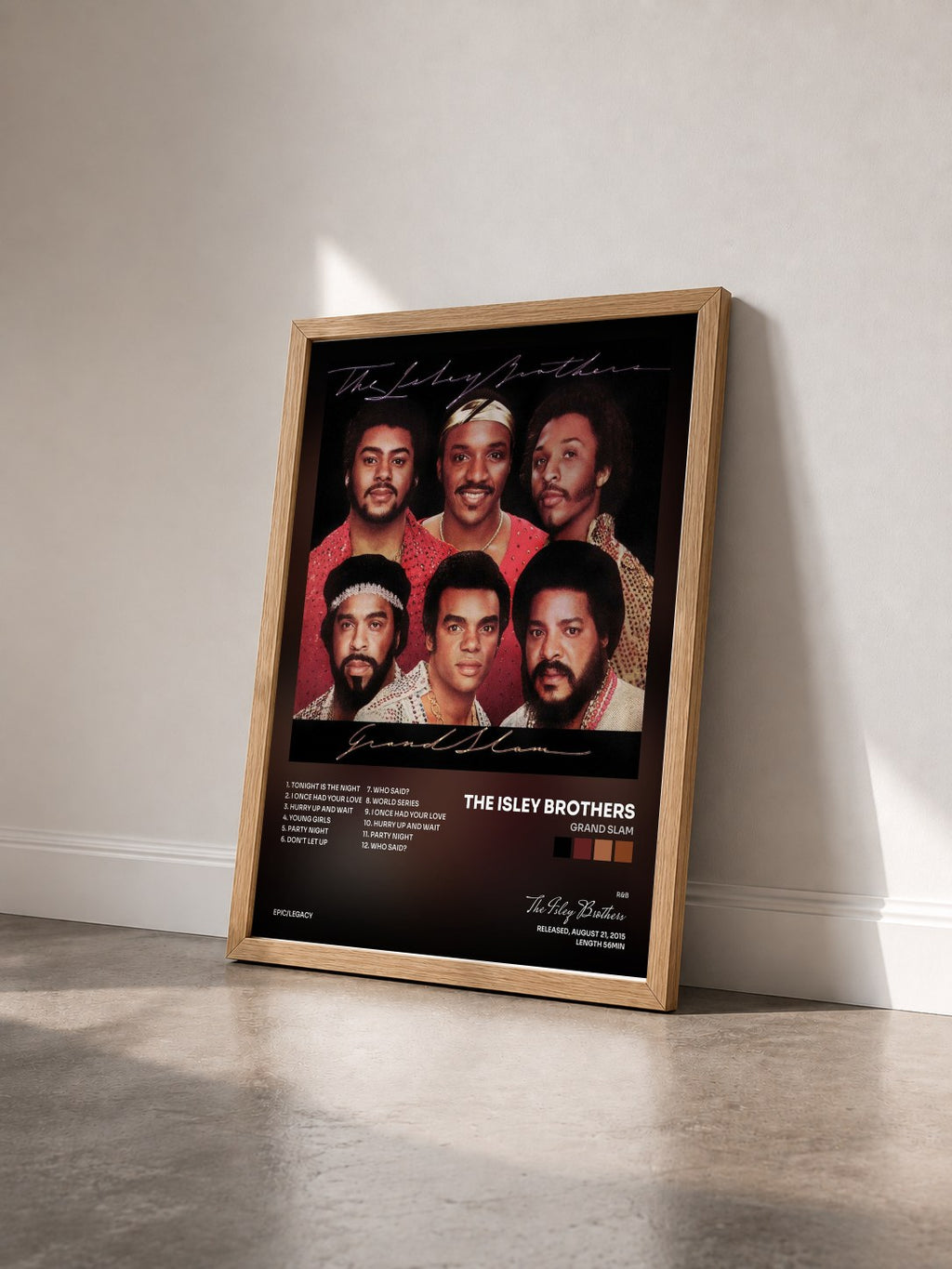 #bois Tableau de l'album Grand Slam de The Isley Brothers vu de trois quarts, cadre en bois brut