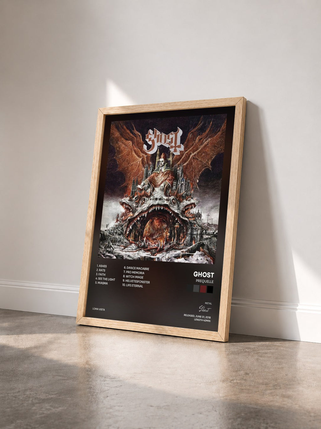 #bois Tableau de l'album Prequelle de Ghost vu de trois quarts, cadre en bois brut