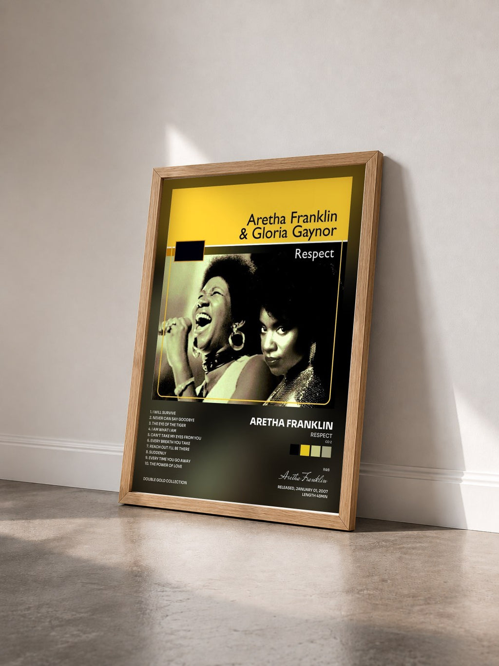 #bois Tableau de l'album Respect (CD 2) de Aretha Franklin vu de trois quarts, cadre en bois brut
