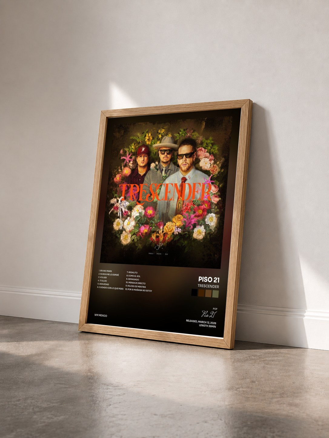 #bois Tableau de l'album TRESCENDER de Piso 21 vu de trois quarts, cadre en bois brut