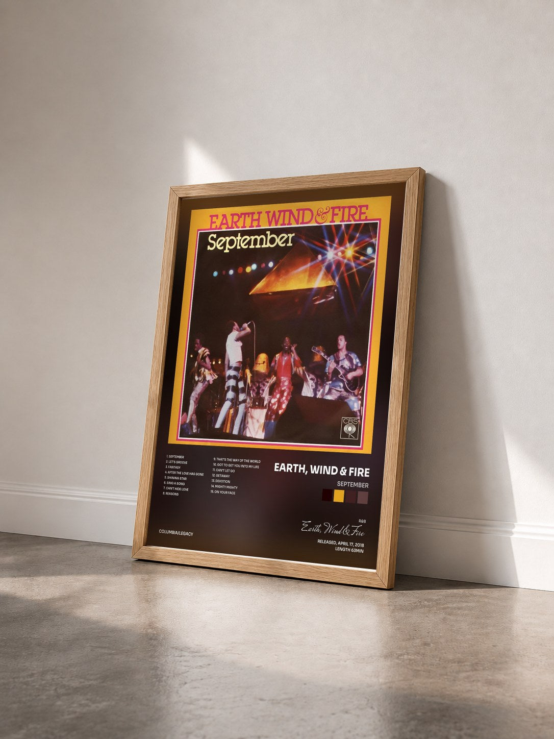 #bois Tableau de l'album September de Earth, Wind & Fire vu de trois quarts, cadre en bois brut