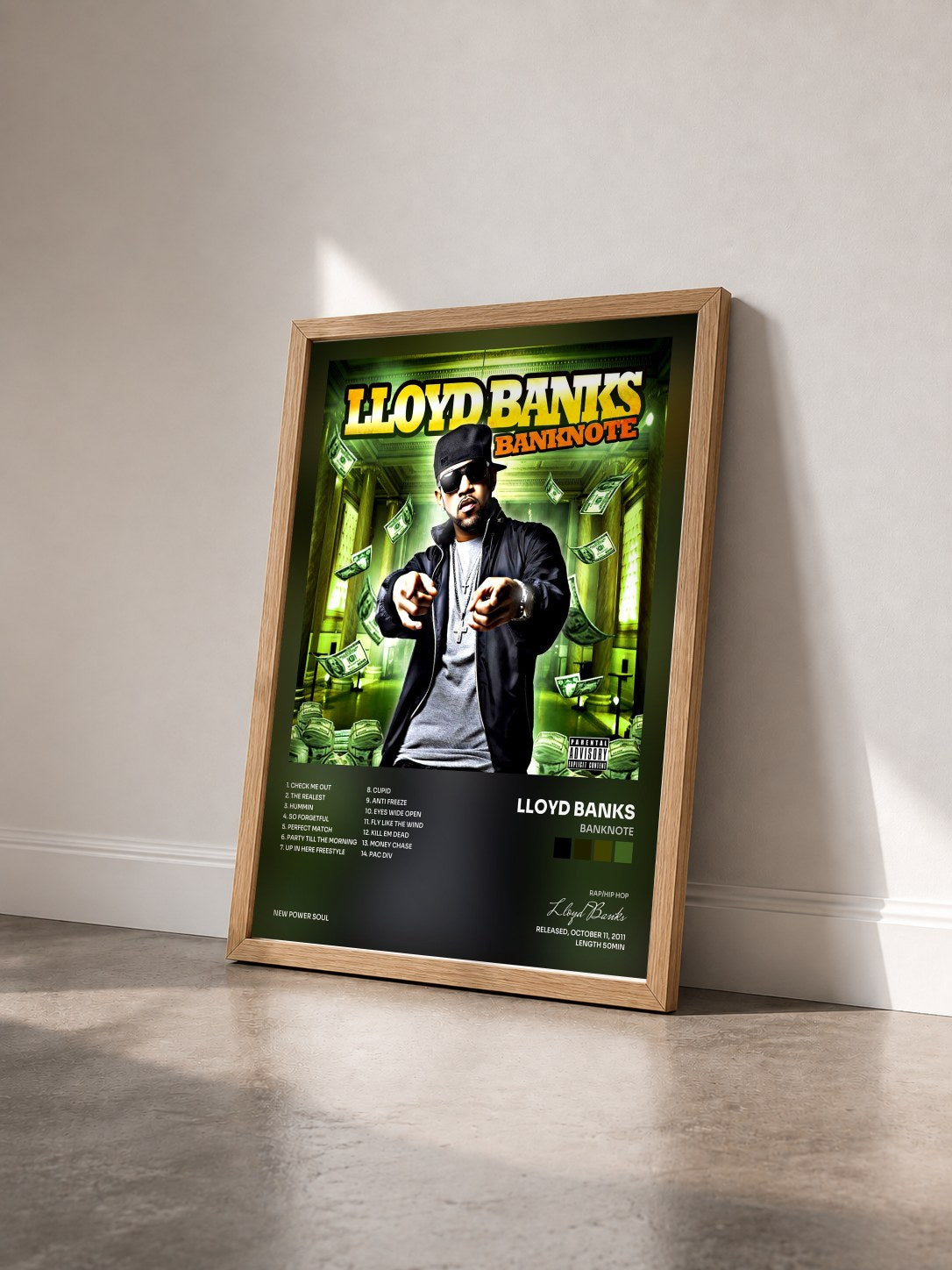 #bois Tableau de l'album Banknote de Lloyd Banks vu de trois quarts, cadre en bois brut