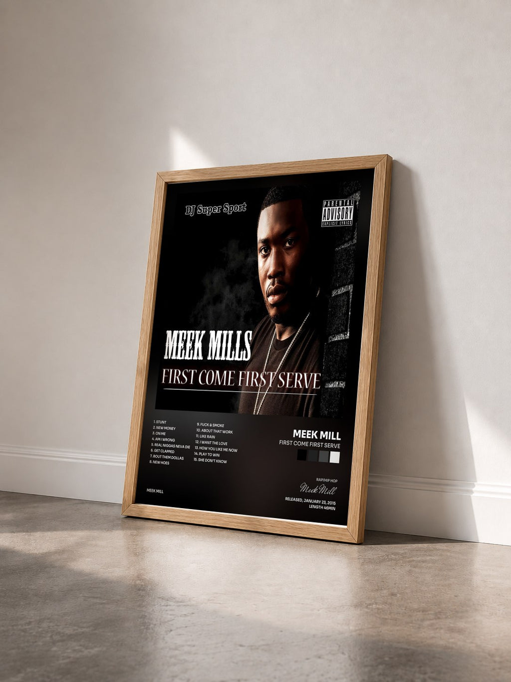 #bois Tableau de l'album First Come First Serve de Meek Mill vu de trois quarts, cadre en bois brut