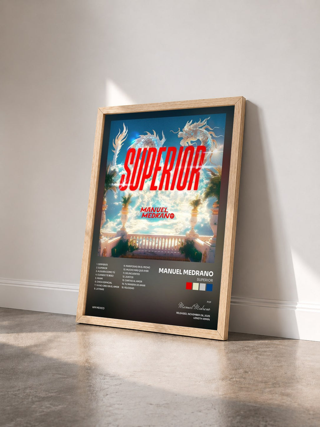 #bois Tableau de l'album SUPERIOR de Manuel Medrano vu de trois quarts, cadre en bois brut