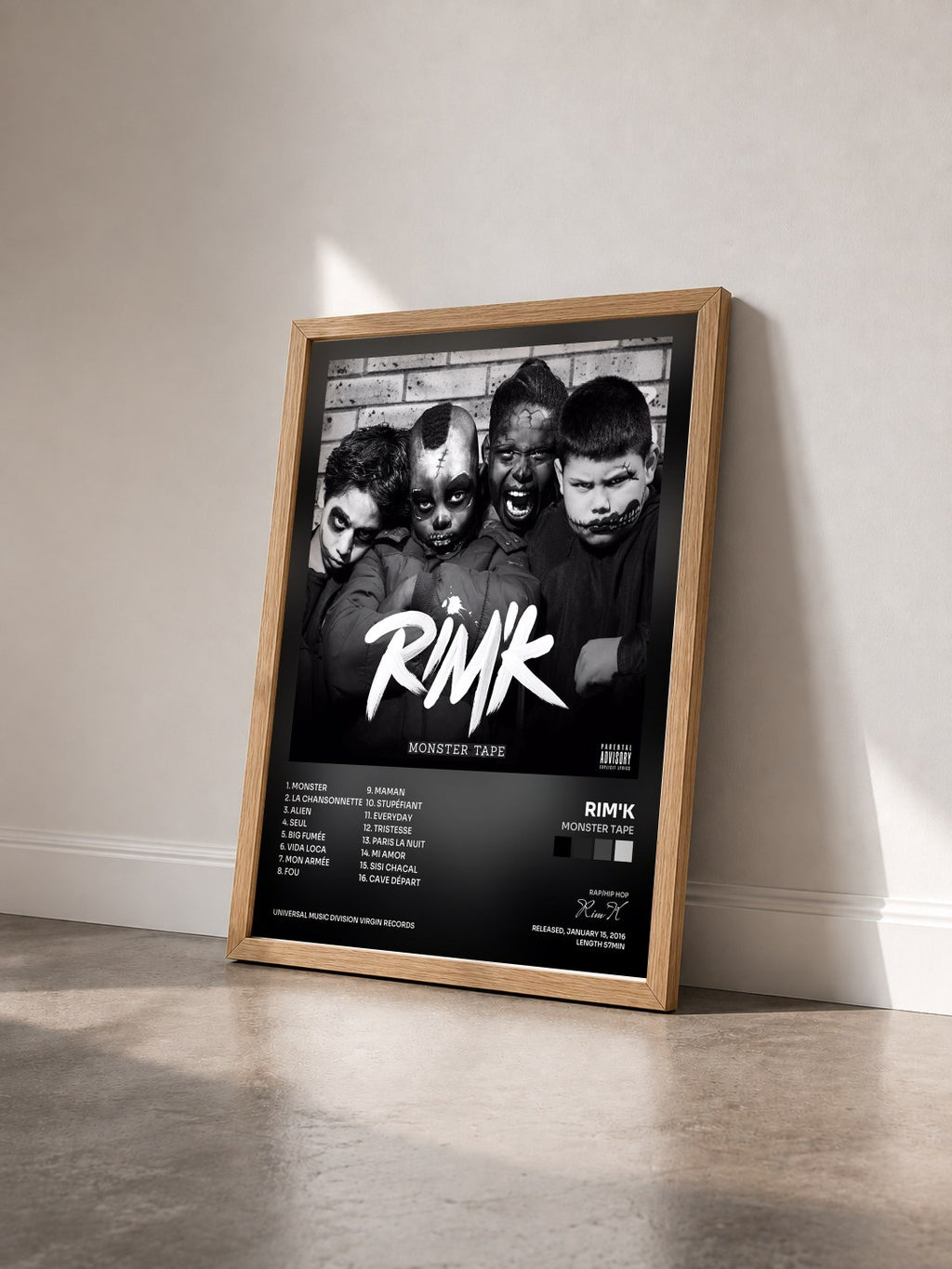 #bois Tableau de l'album Monster Tape de Rim'K vu de trois quarts, cadre en bois brut
