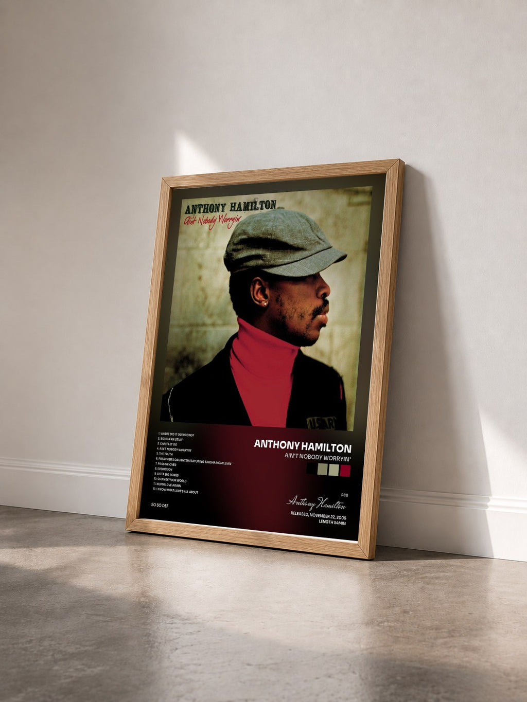 #bois Tableau de l'album Ain't Nobody Worryin' de Anthony Hamilton vu de trois quarts, cadre en bois brut