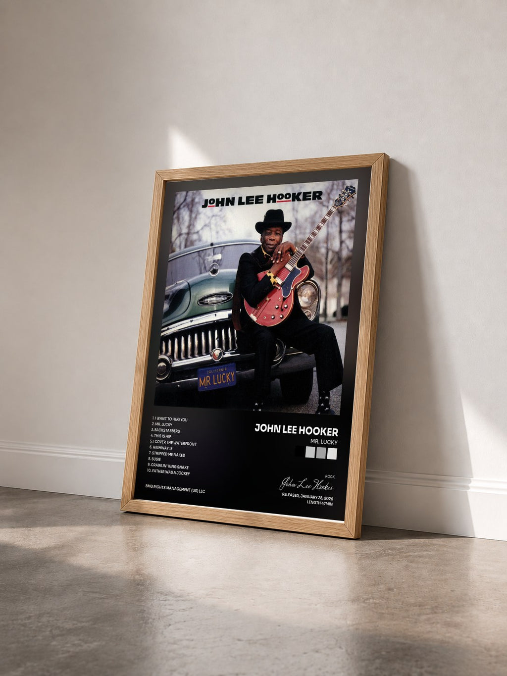 #bois Tableau de l'album Mr. Lucky de John Lee Hooker vu de trois quarts, cadre en bois brut