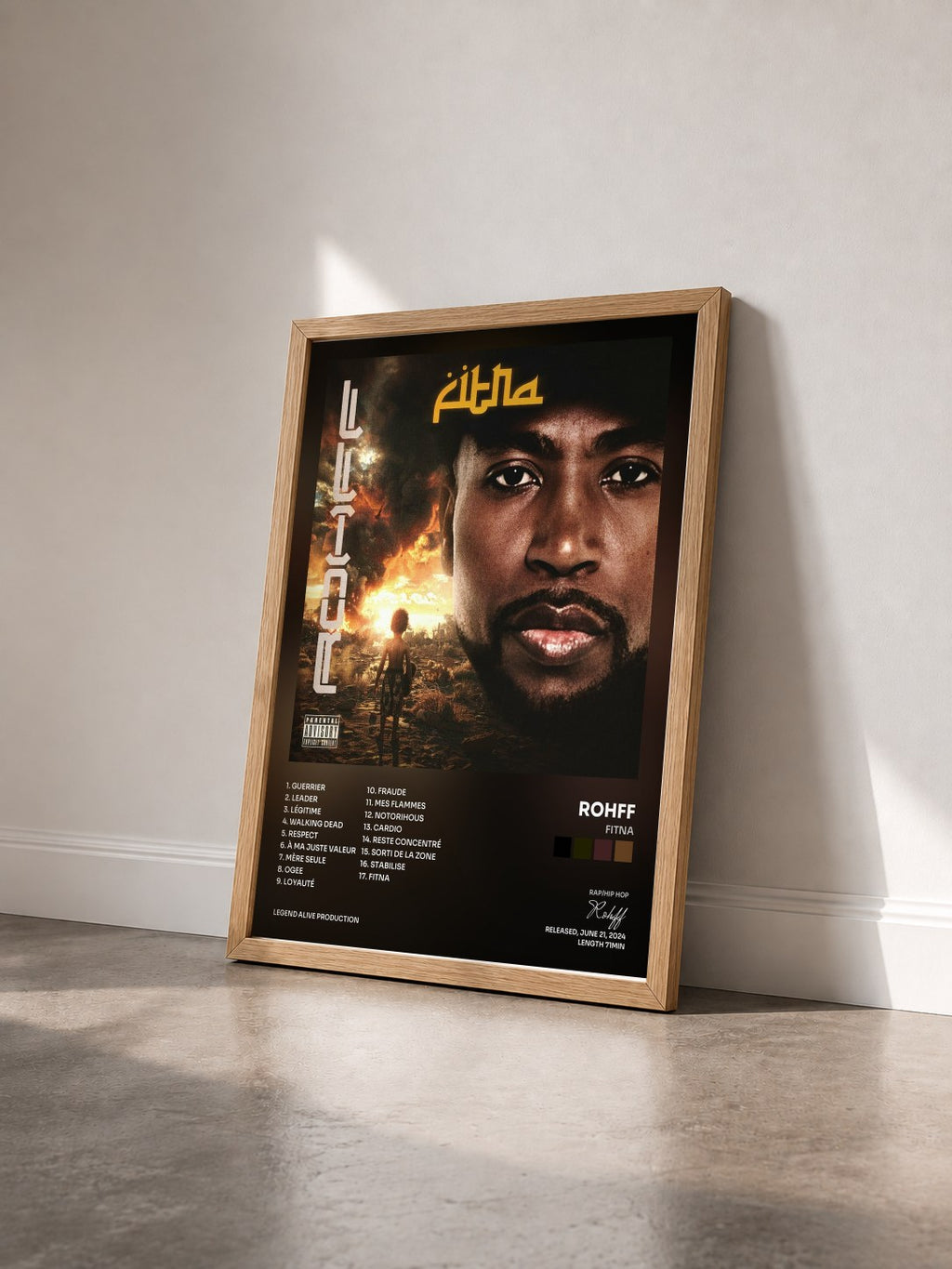 #bois Tableau de l'album Fitna de Rohff vu de trois quarts, cadre en bois brut