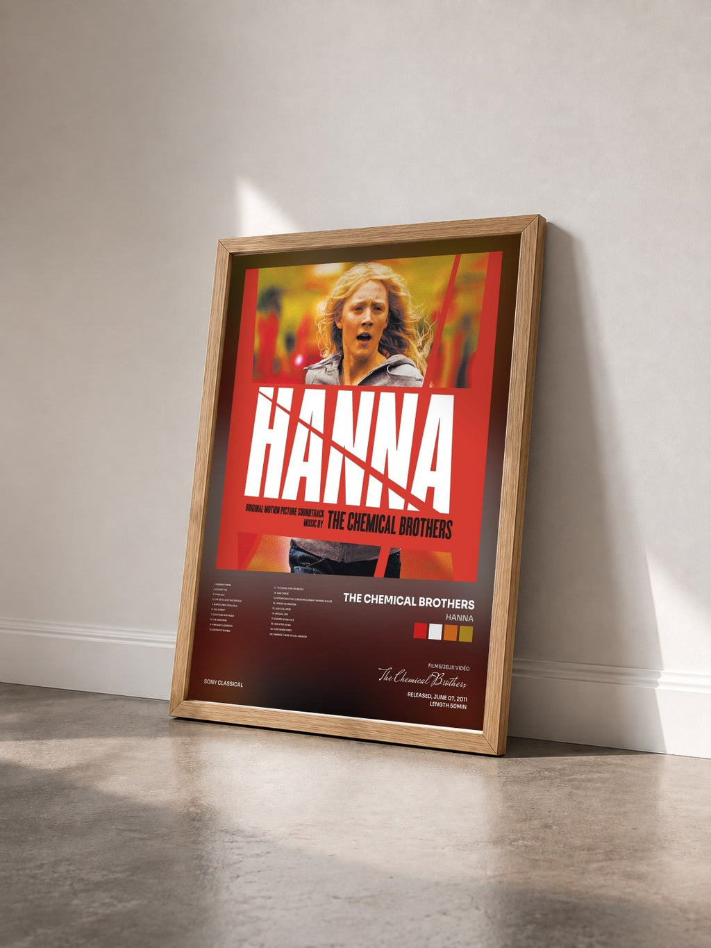 #bois Tableau de l'album Hanna de The Chemical Brothers vu de trois quarts, cadre en bois brut