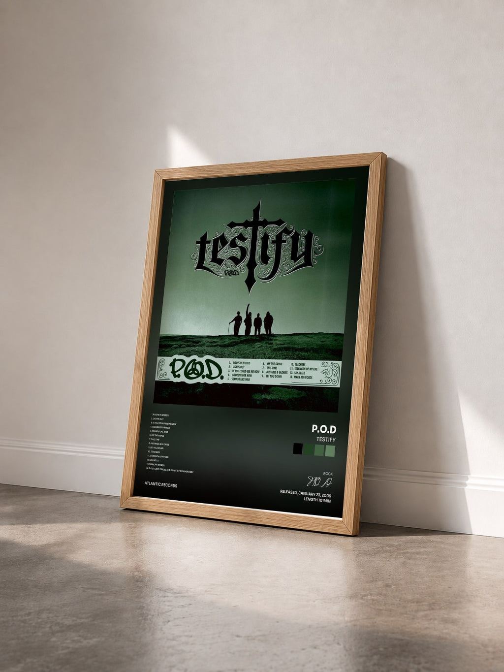 #bois Tableau de l'album Testify de P.O.D vu de trois quarts, cadre en bois brut