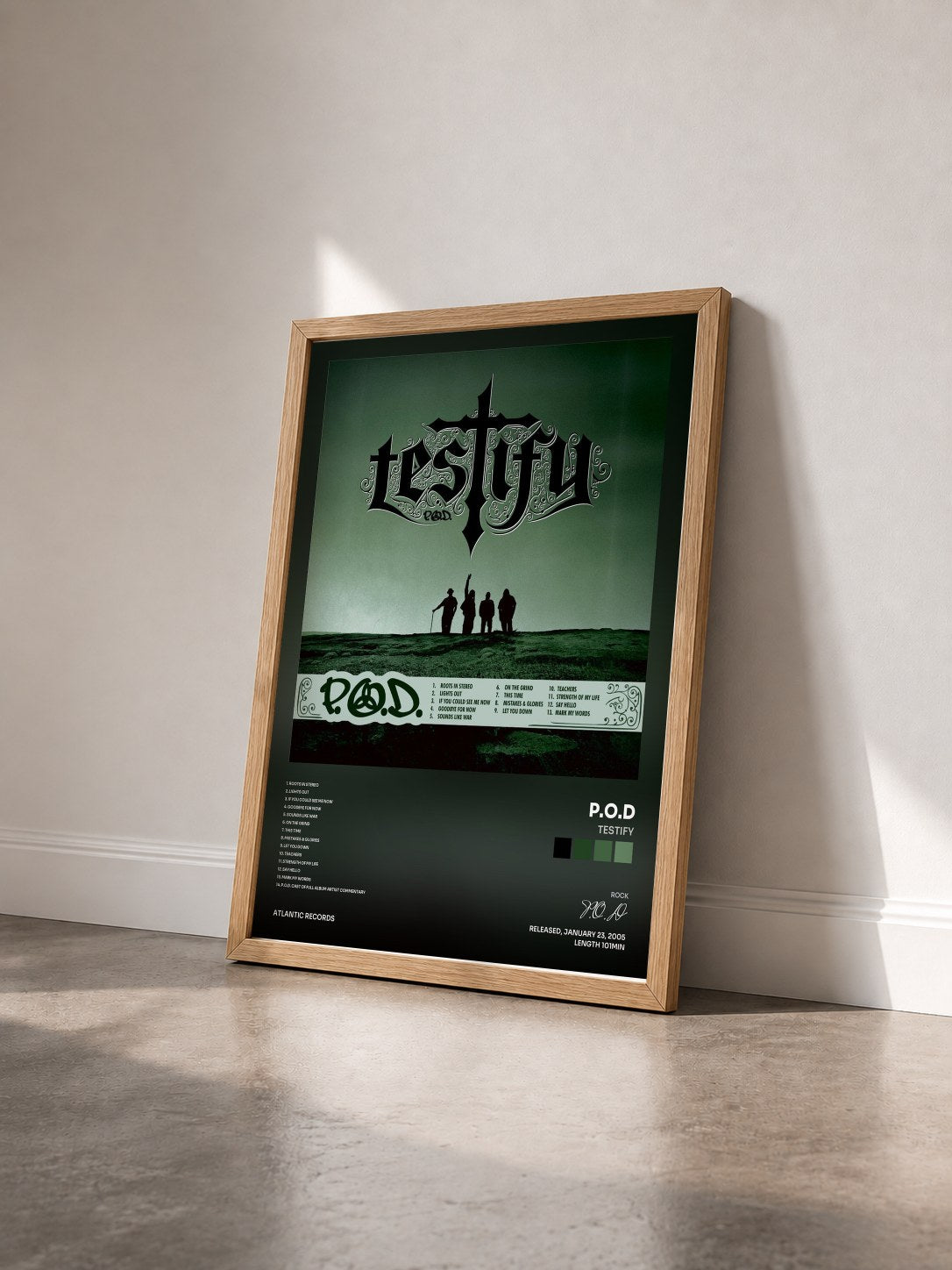 #bois Tableau de l'album Testify de P.O.D vu de trois quarts, cadre en bois brut