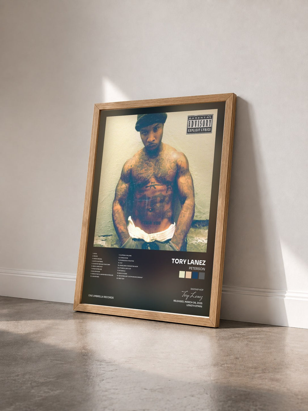 #bois Tableau de l'album PETERSON de Tory Lanez vu de trois quarts, cadre en bois brut