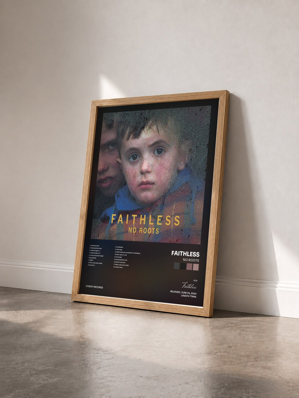 #bois Tableau de l'album No Roots de Faithless vu de trois quarts, cadre en bois brut