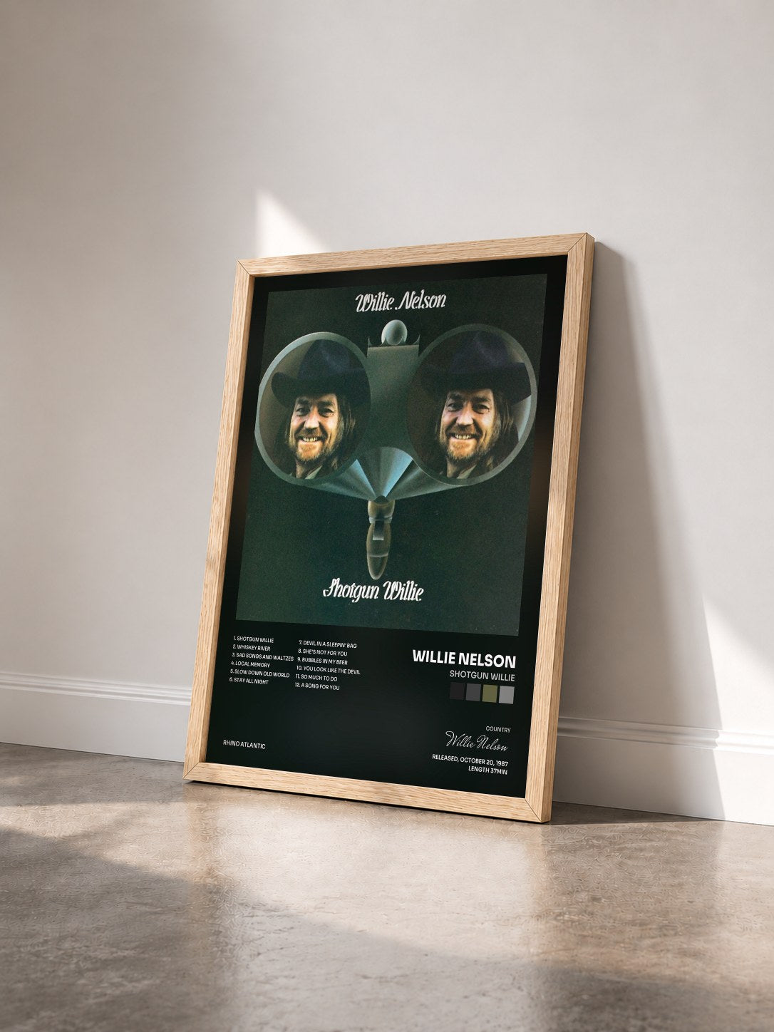 #bois Tableau de l'album Shotgun Willie de Willie Nelson vu de trois quarts, cadre en bois brut