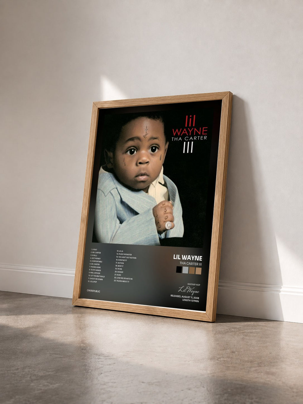 #bois Tableau de l'album Tha Carter III de Lil Wayne vu de trois quarts, cadre en bois brut