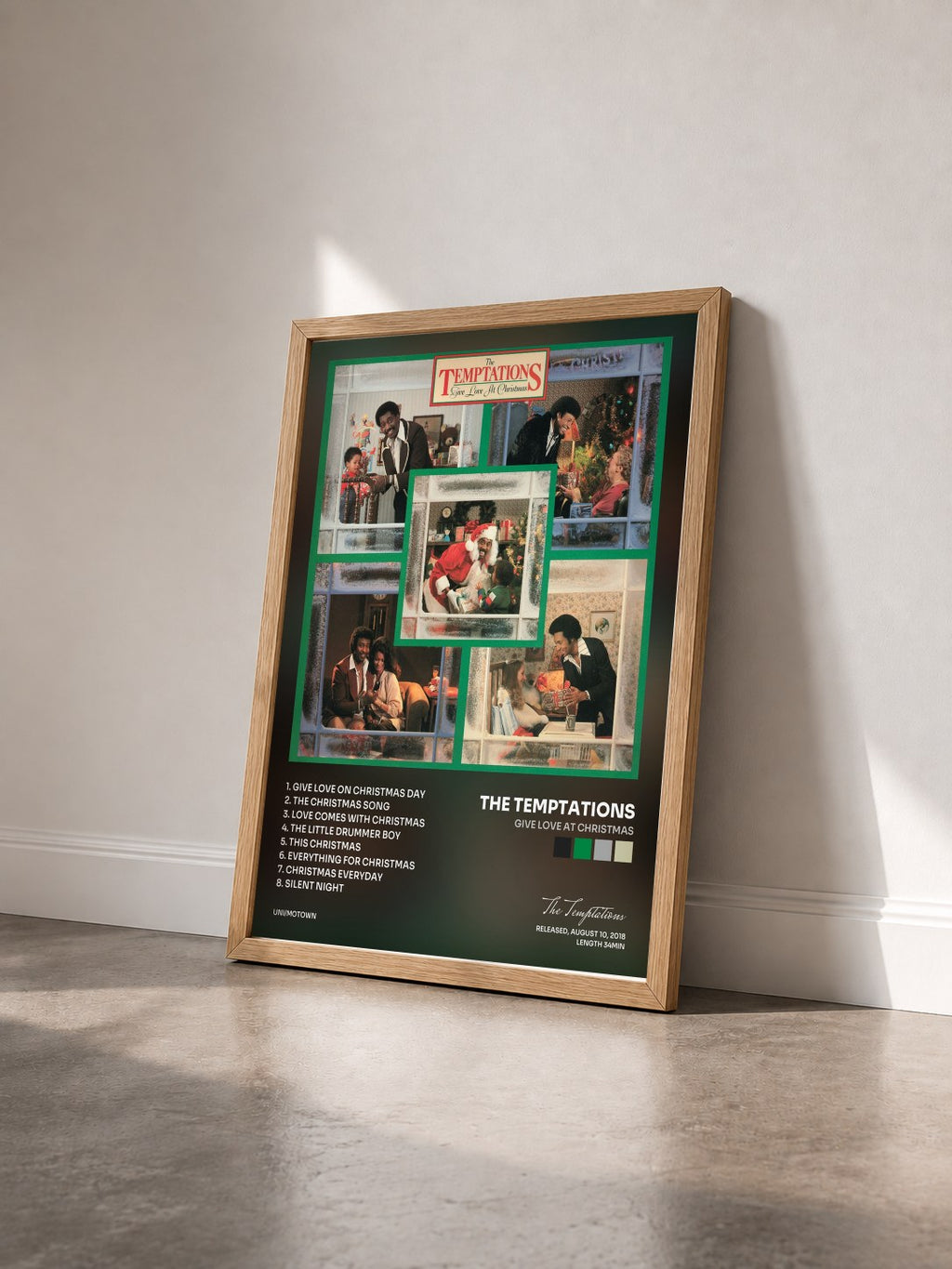 #bois Tableau de l'album Give Love At Christmas de The Temptations vu de trois quarts, cadre en bois brut