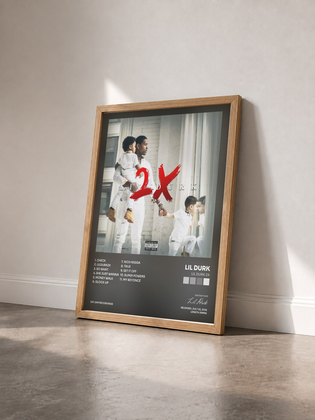 #bois Tableau de l'album Lil Durk 2X de Lil Durk vu de trois quarts, cadre en bois brut