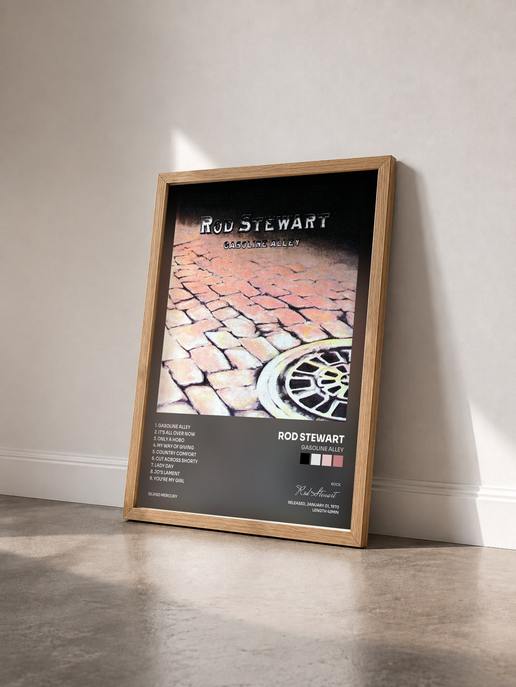 #bois Tableau de l'album Gasoline Alley de Rod Stewart vu de trois quarts, cadre en bois brut