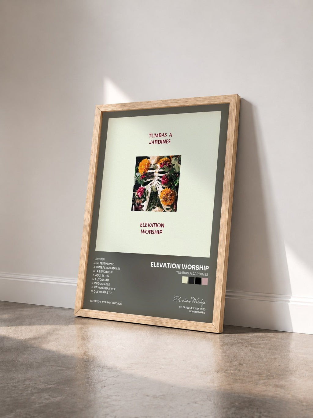 #bois Tableau de l'album Tumbas A Jardines de Elevation Worship vu de trois quarts, cadre en bois brut