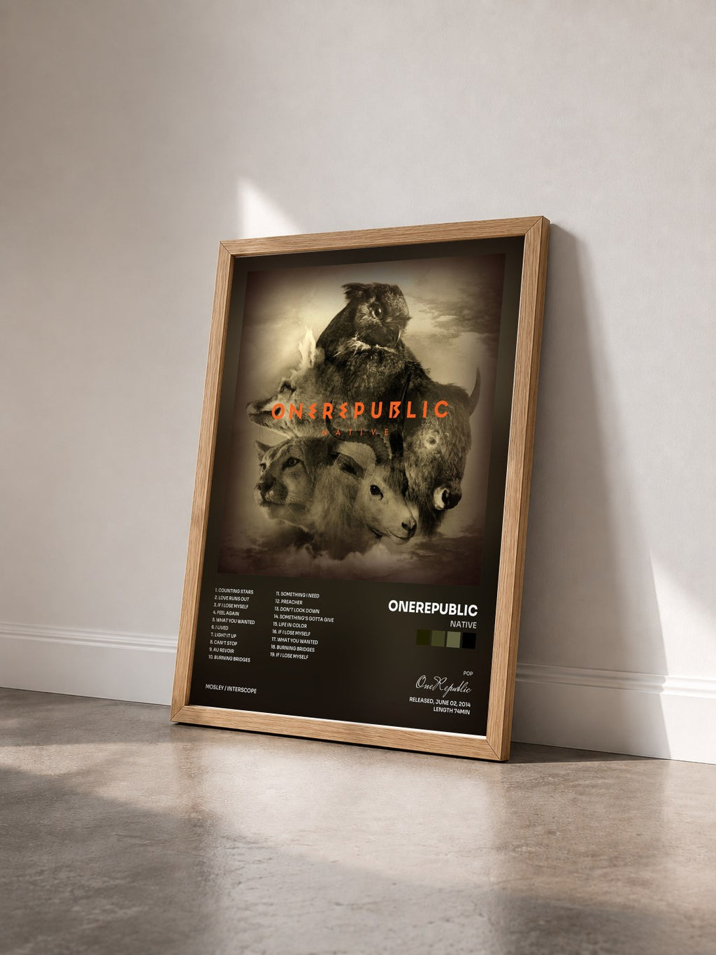#bois Tableau de l'album Native de OneRepublic vu de trois quarts, cadre en bois brut