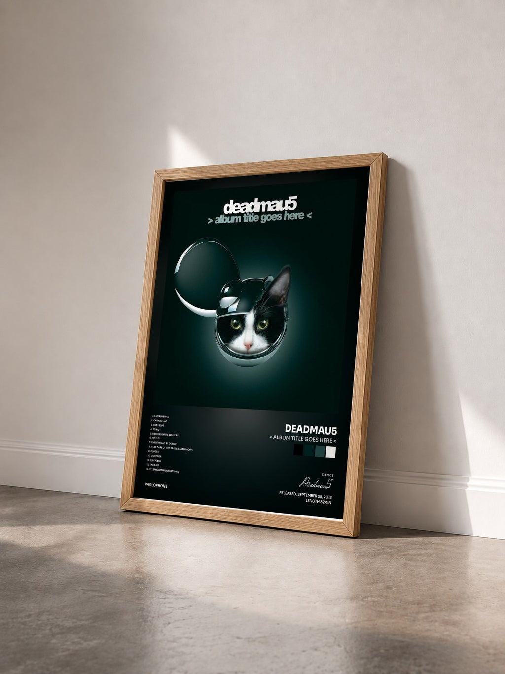 #bois Tableau de l'album > album title goes here < de Deadmau5 vu de trois quarts, cadre en bois brut