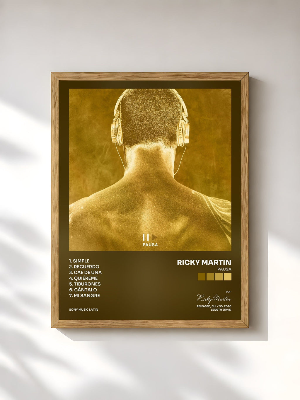 #bois Tableau de l'album PAUSA de Ricky Martin, cadre en bois brut, imprimé et encadré en France