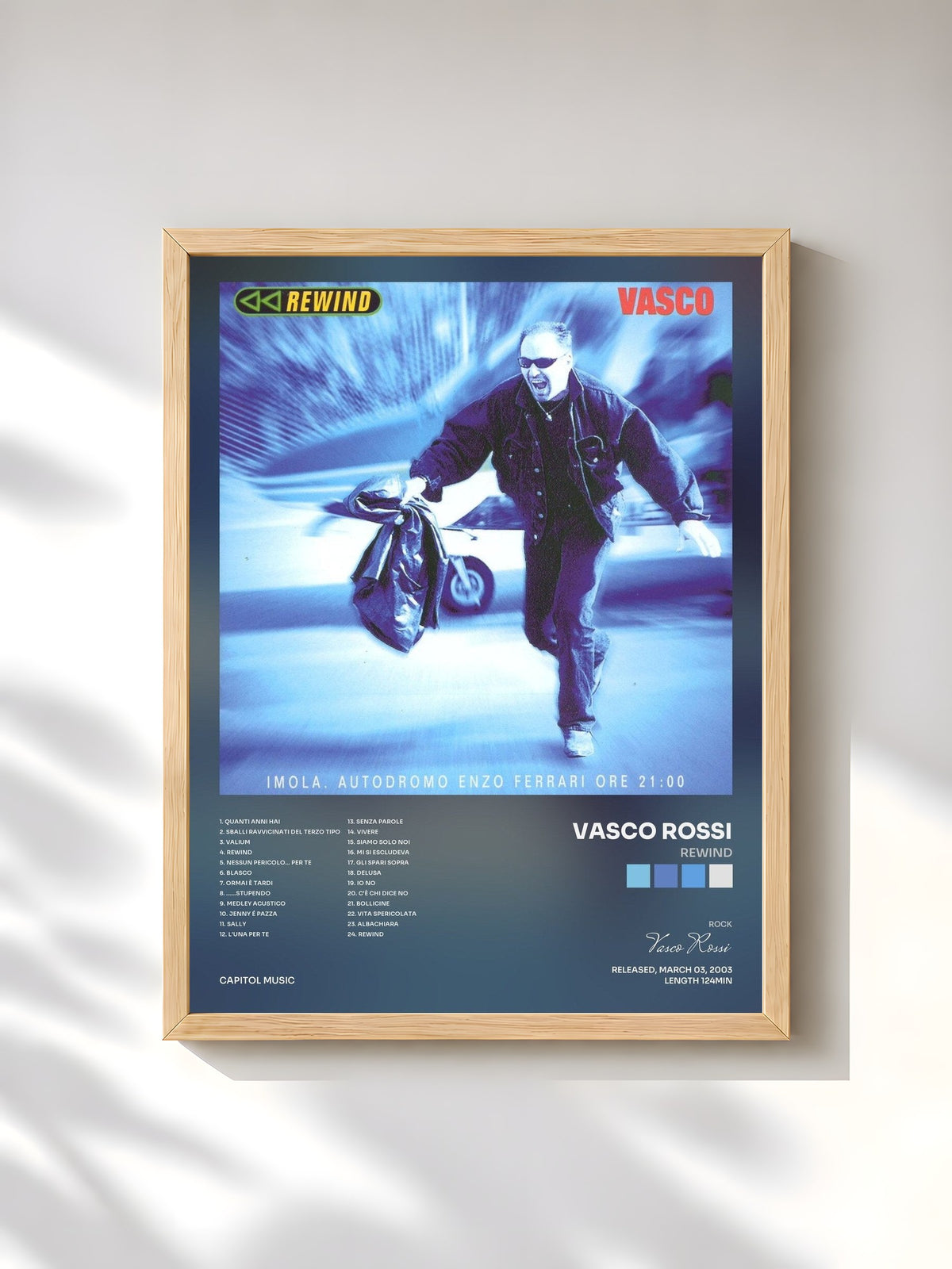 #bois Tableau de l'album Rewind de Vasco Rossi, cadre en bois brut, imprimé et encadré en France