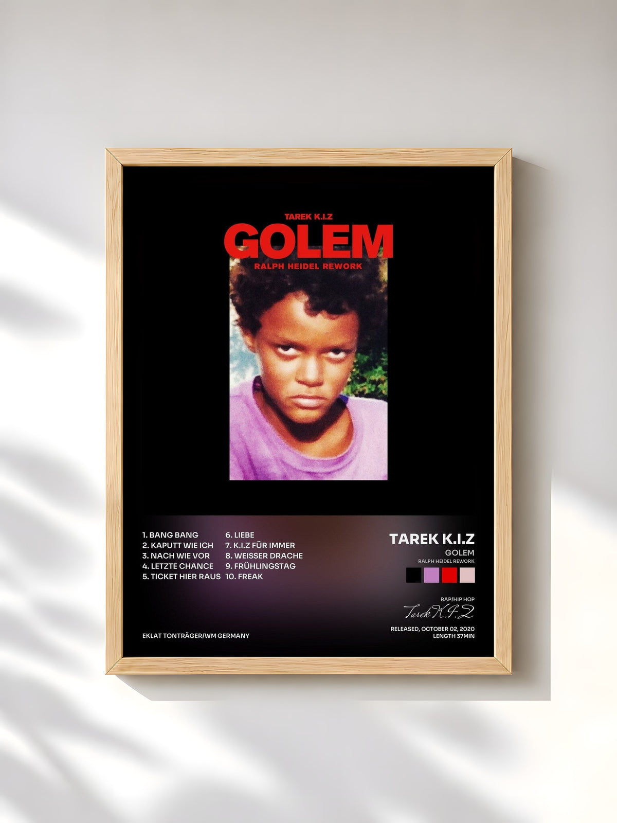#bois Tableau de l'album Golem (Ralph Heidel Rework) de Tarek K.I.Z, cadre en bois brut, imprimé et encadré en France