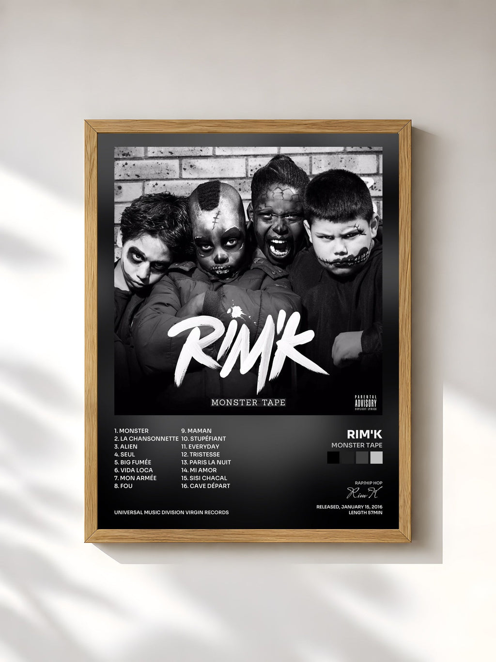 #bois Tableau de l'album Monster Tape de Rim'K, cadre en bois brut, imprimé et encadré en France