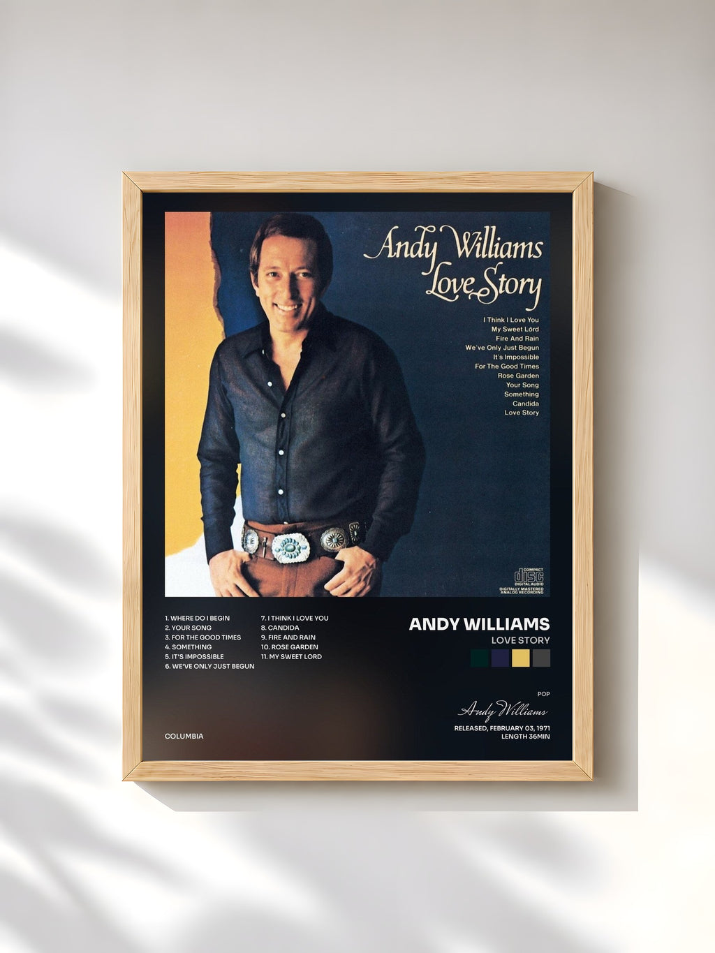 #bois Tableau de l'album Love Story de Andy Williams, cadre en bois brut, imprimé et encadré en France