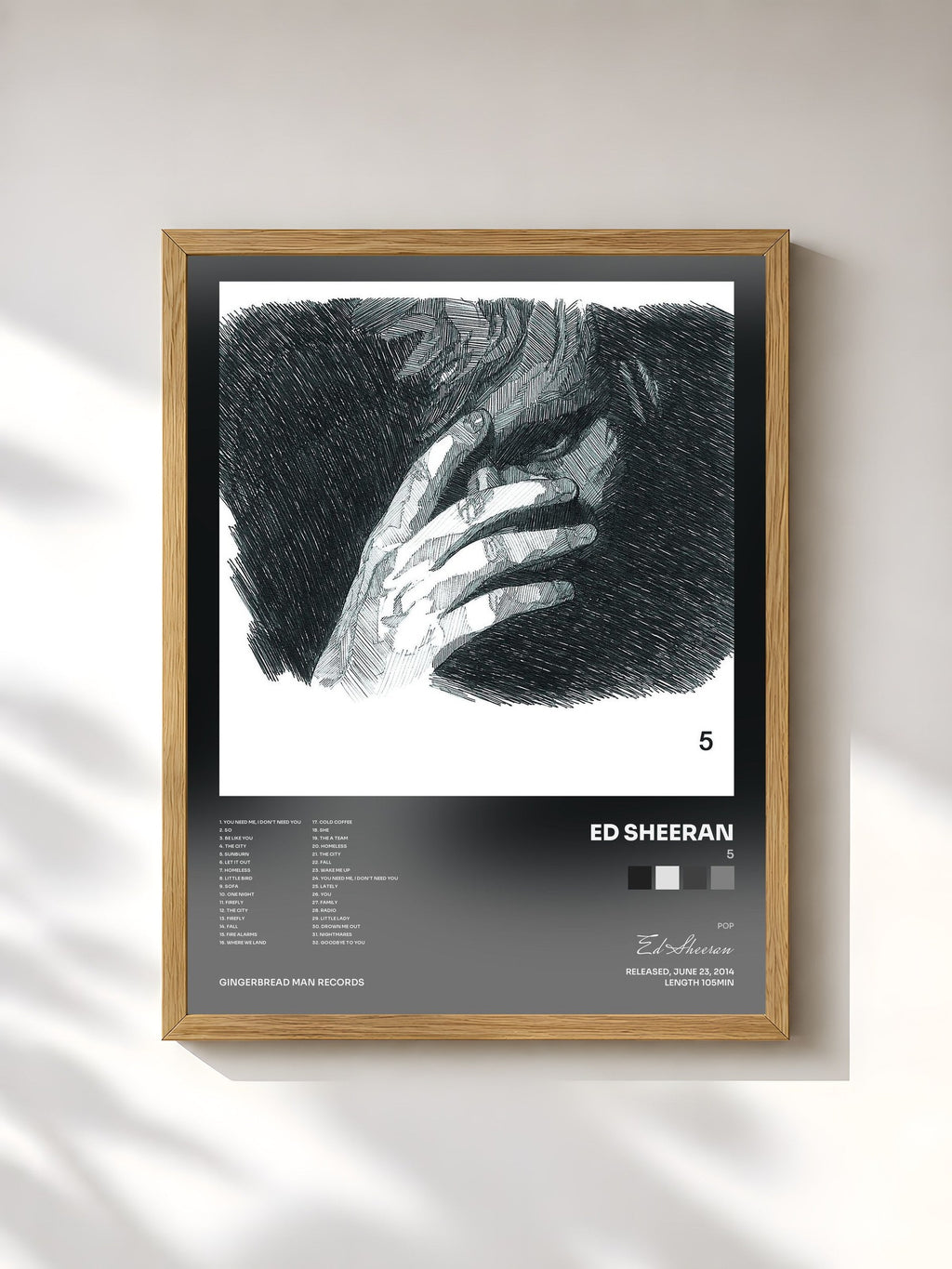 #bois Tableau de l'album 5 de Ed Sheeran, cadre en bois brut, imprimé et encadré en France