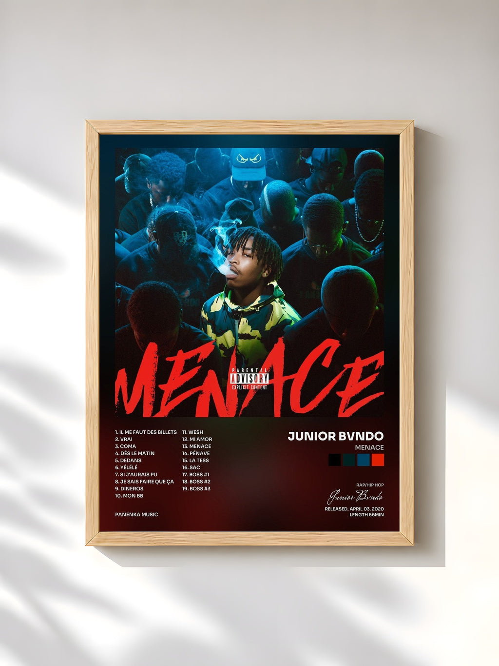 #bois Tableau de l'album Menace de Junior Bvndo, cadre en bois brut, imprimé et encadré en France