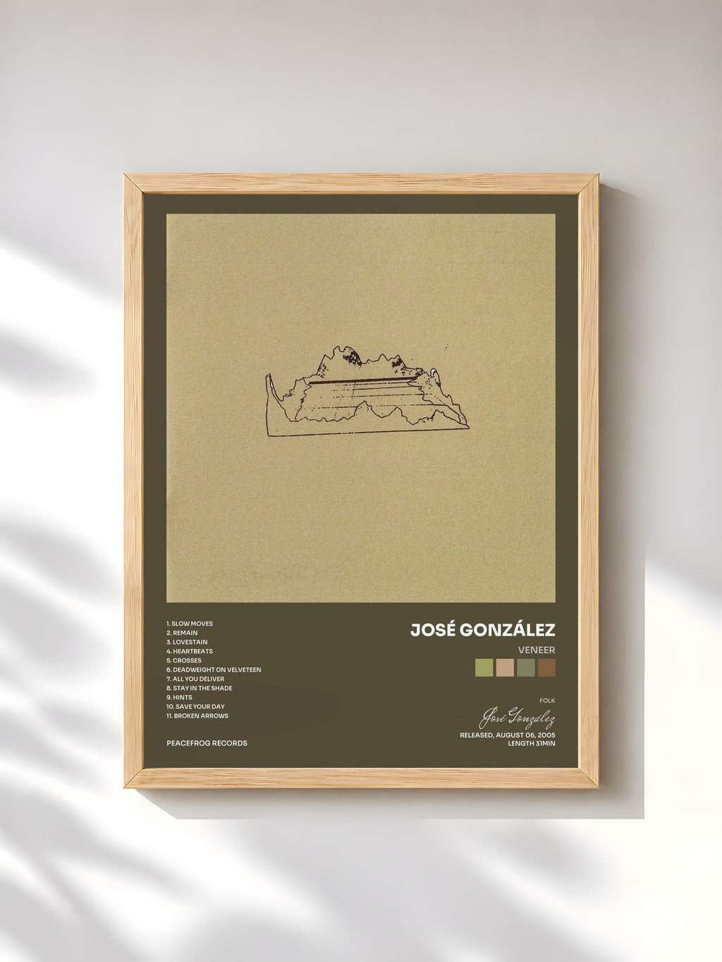 #bois Tableau de l'album Veneer de José González, cadre en bois brut, imprimé et encadré en France