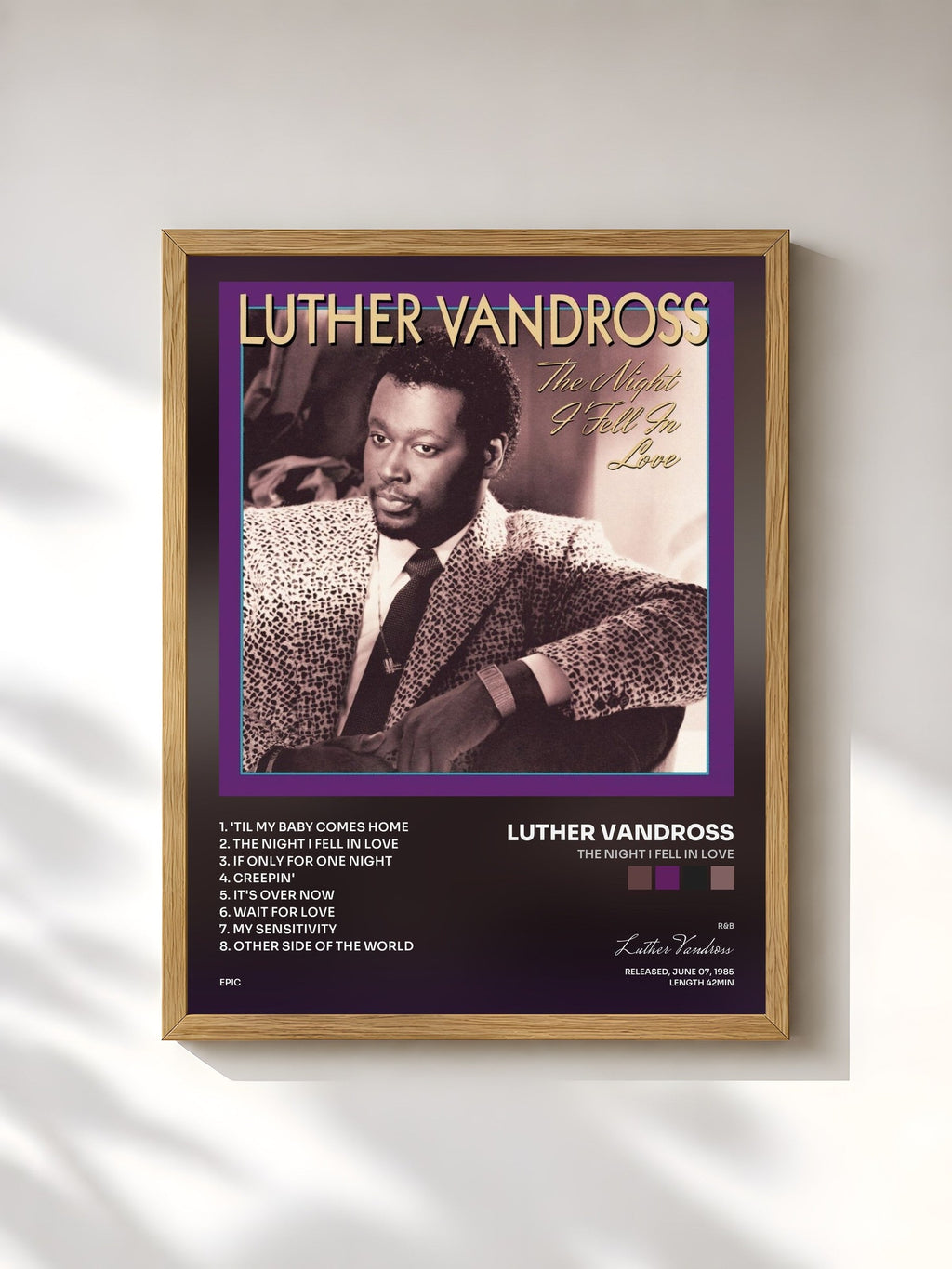 #bois Tableau de l'album The Night I Fell In Love de Luther Vandross, cadre en bois brut, imprimé et encadré en France