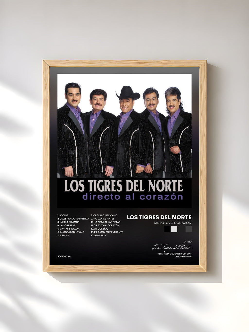 #bois Tableau de l'album Directo Al Corazon de Los Tigres del Norte, cadre en bois brut, imprimé et encadré en France