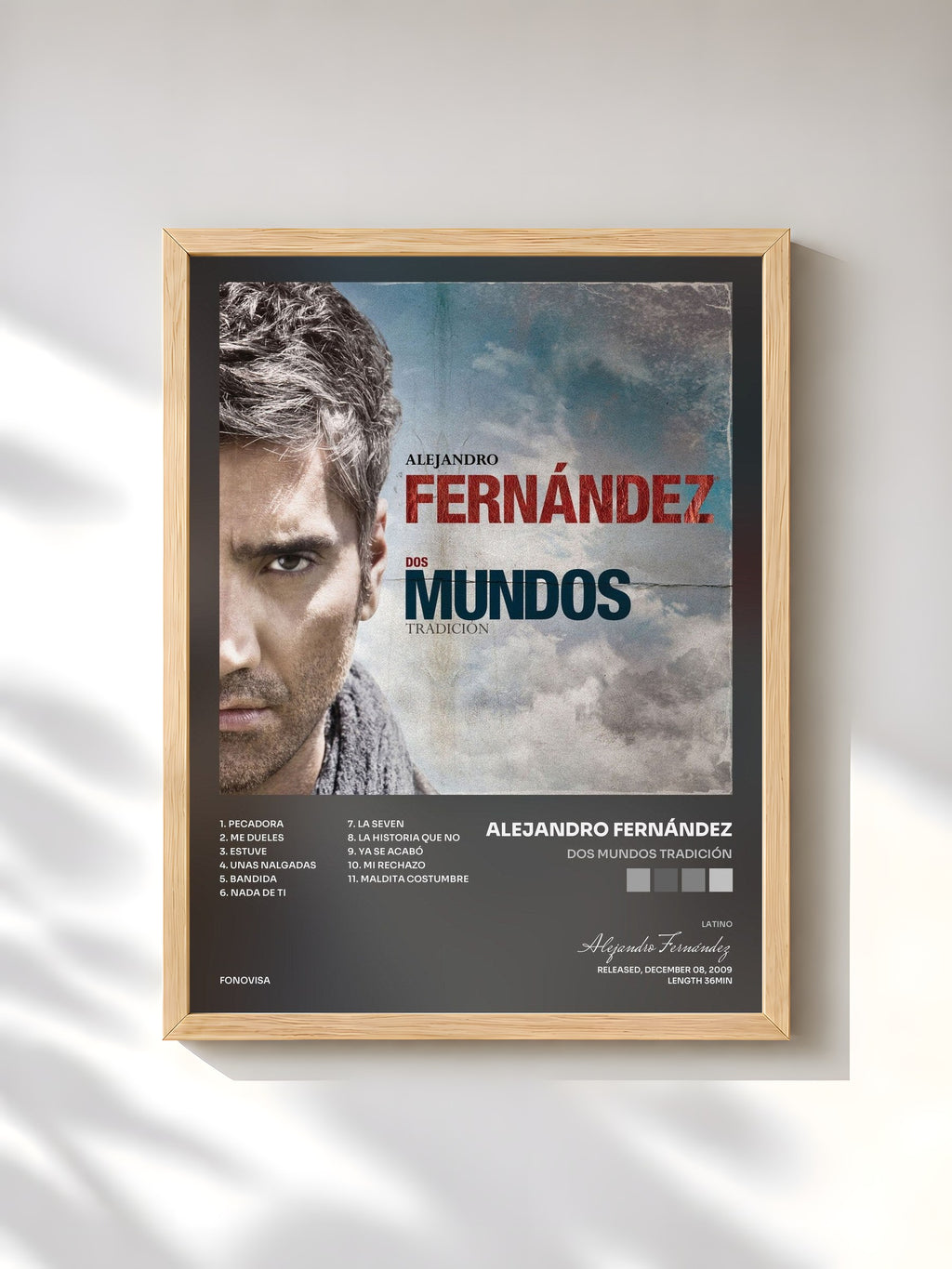#bois Tableau de l'album Dos Mundos - Tradición de Alejandro Fernández, cadre en bois brut, imprimé et encadré en France