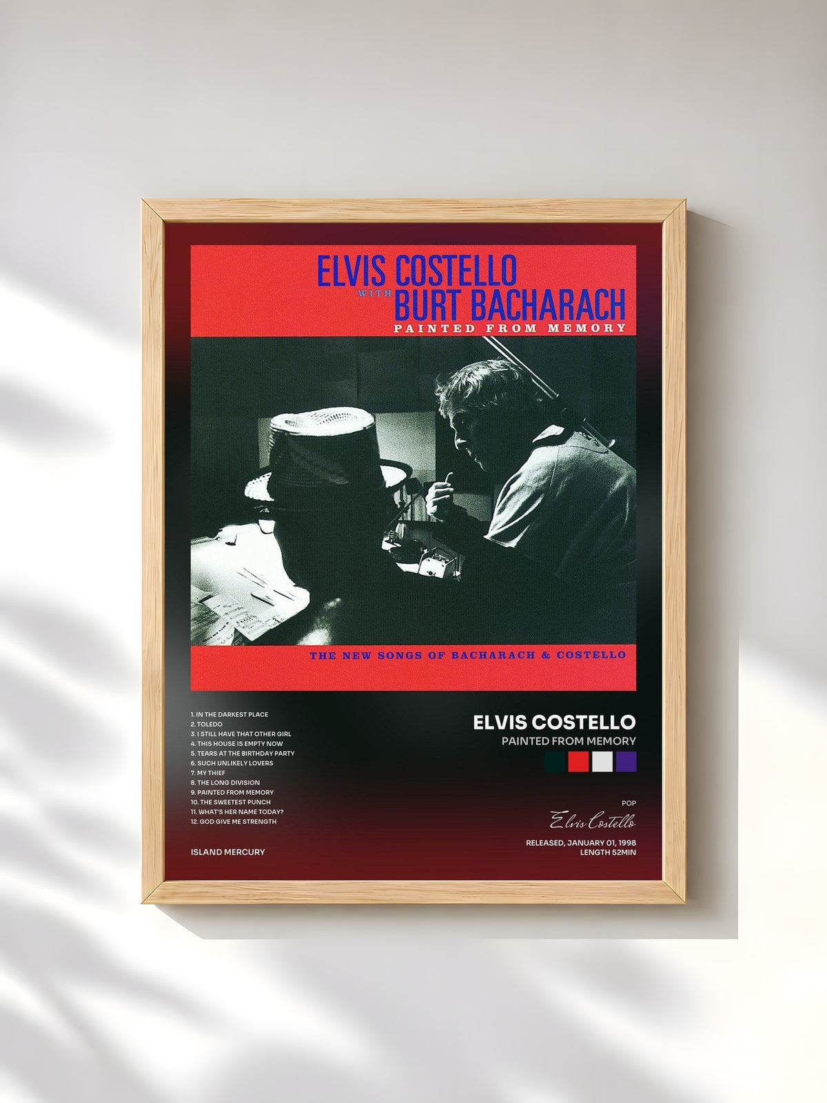 #bois Tableau de l'album Painted From Memory de Elvis Costello, cadre en bois brut, imprimé et encadré en France