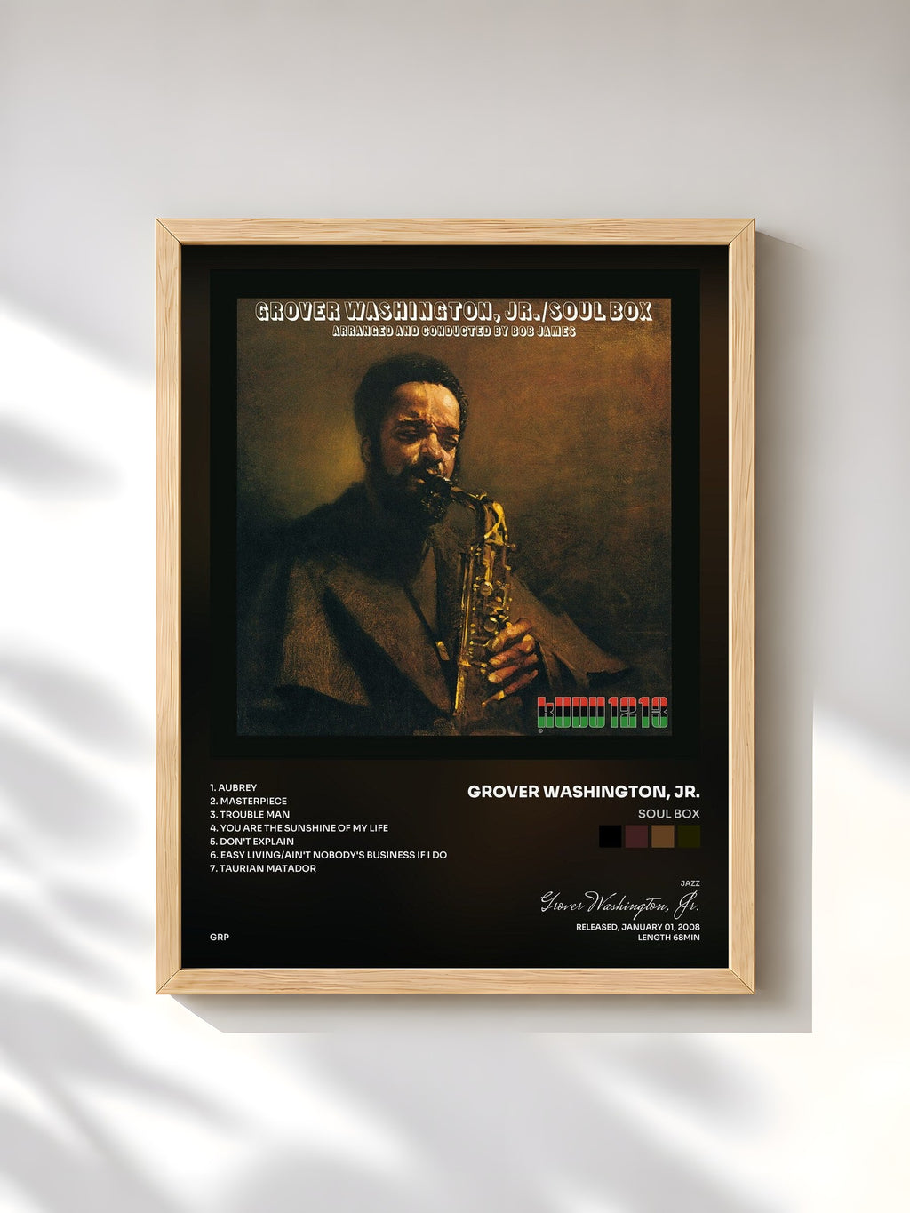 #bois Tableau de l'album Soul Box de Grover Washington, Jr., cadre en bois brut, imprimé et encadré en France