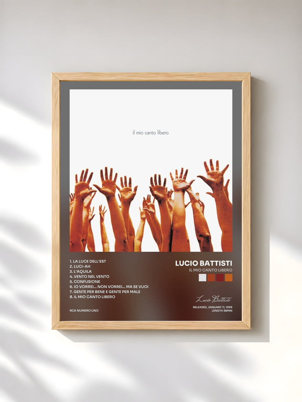 #bois Tableau de l'album Il mio canto libero de Lucio Battisti, cadre en bois brut, imprimé et encadré en France