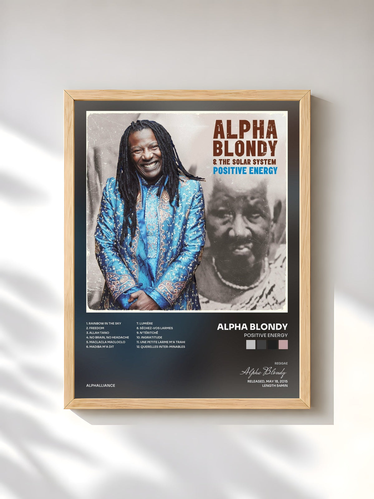 #bois Tableau de l'album Positive Energy de Alpha Blondy, cadre en bois brut, imprimé et encadré en France