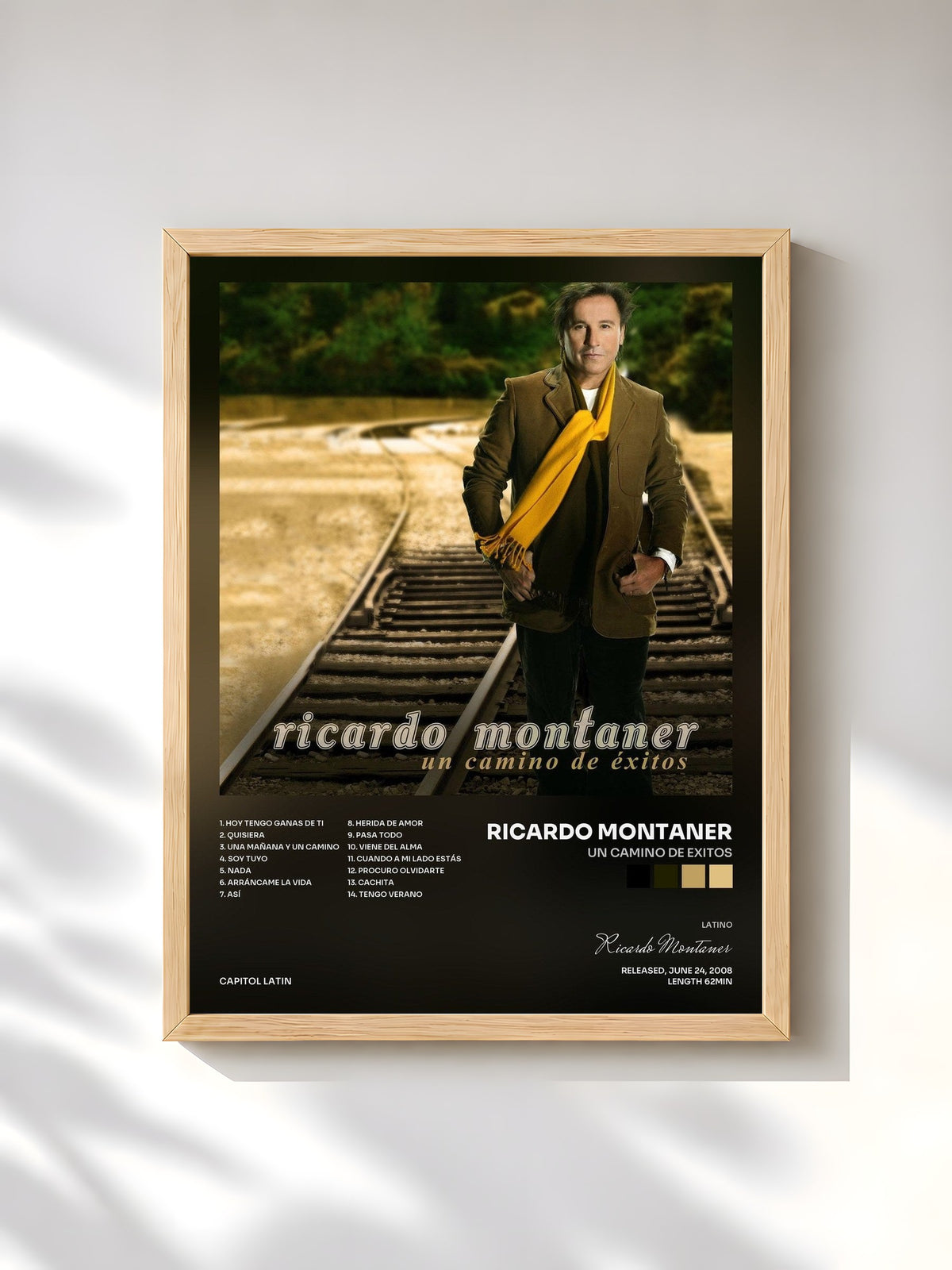 #bois Tableau de l'album Un Camino De Exitos de Ricardo Montaner, cadre en bois brut, imprimé et encadré en France