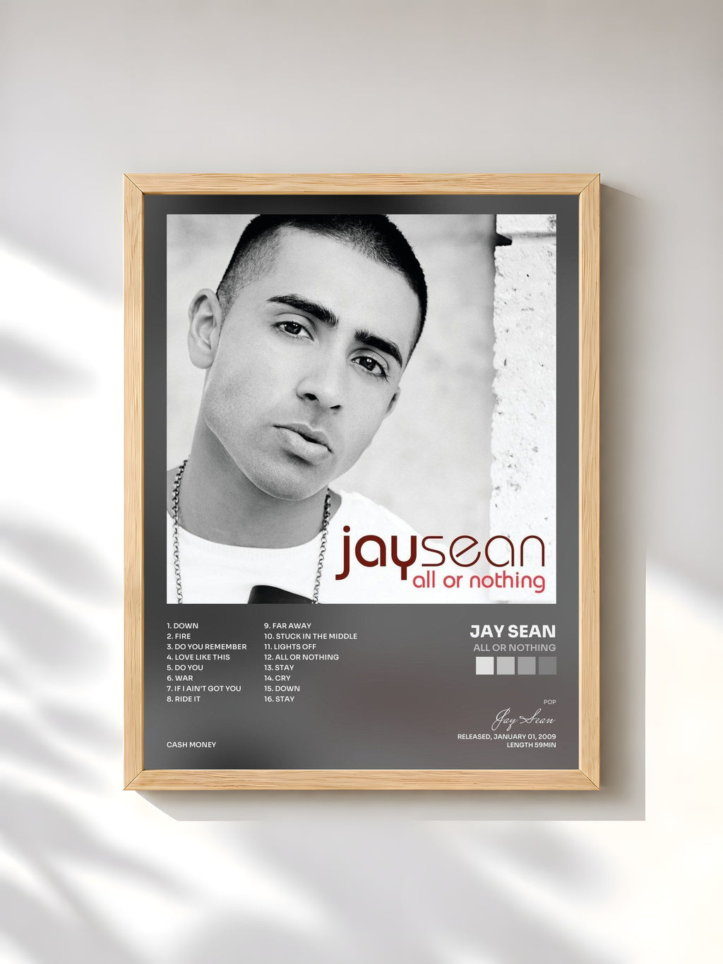 #bois Tableau de l'album All Or Nothing de Jay Sean, cadre en bois brut, imprimé et encadré en France