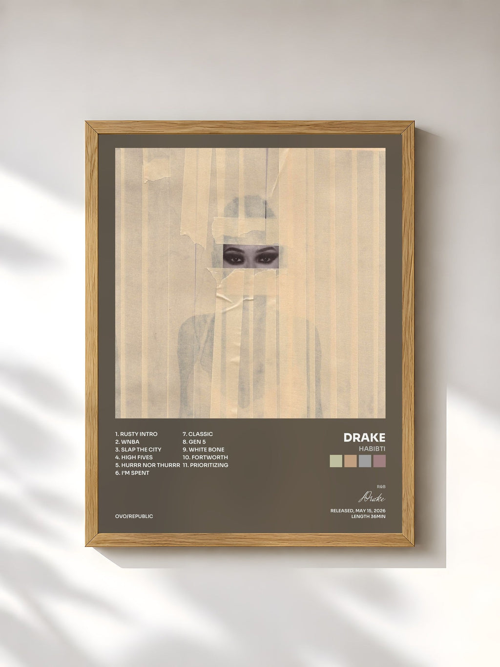#bois Tableau de l'album HABIBTI de Drake, cadre en bois brut, imprimé et encadré en France