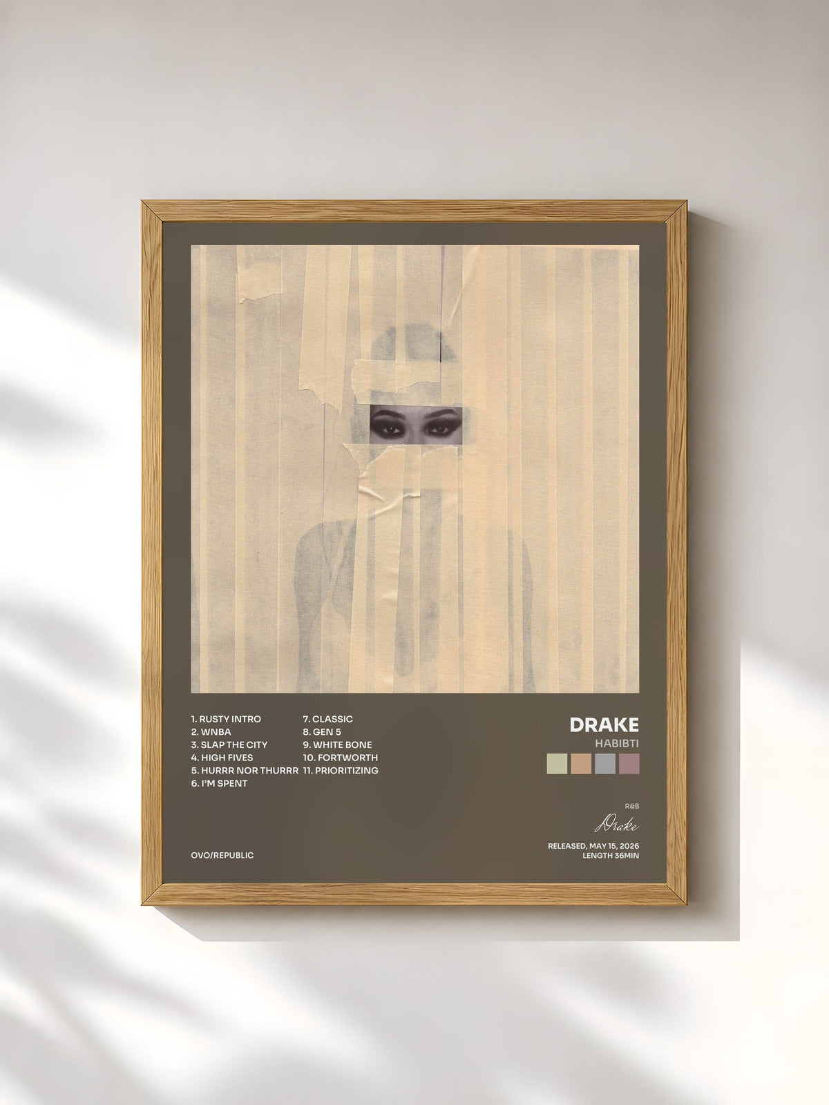#bois Tableau de l'album HABIBTI de Drake, cadre en bois brut, imprimé et encadré en France
