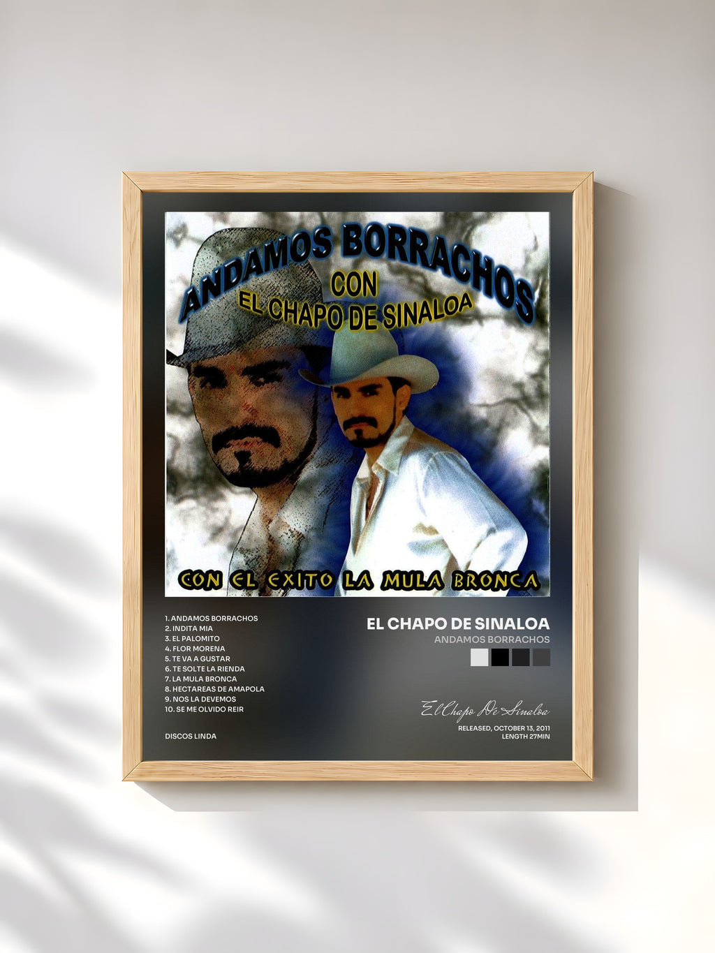 #bois Tableau de l'album Andamos Borrachos de El Chapo De Sinaloa, cadre en bois brut, imprimé et encadré en France